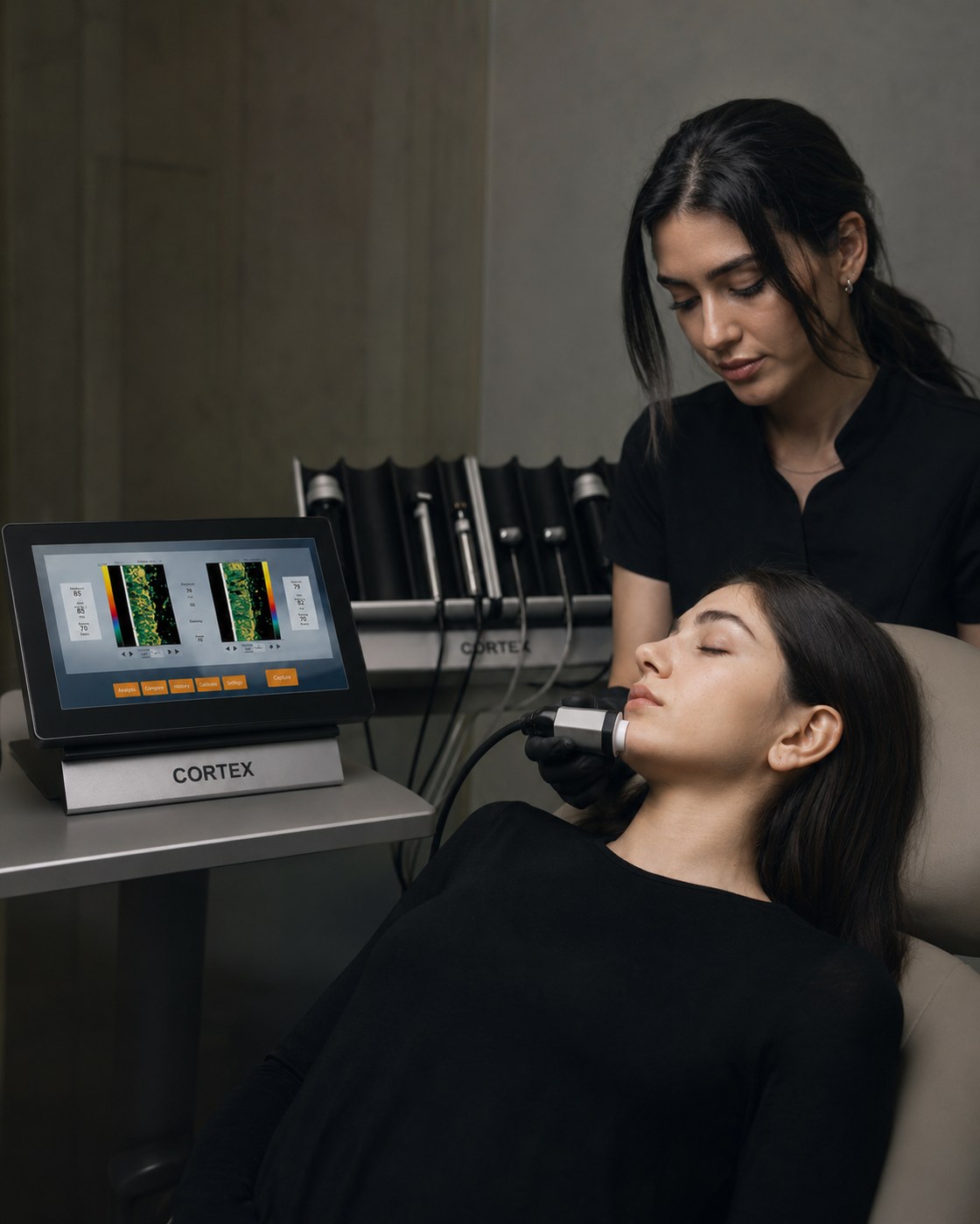 A DermaLab sensor probe being applied to the skin at Beauté Concept
