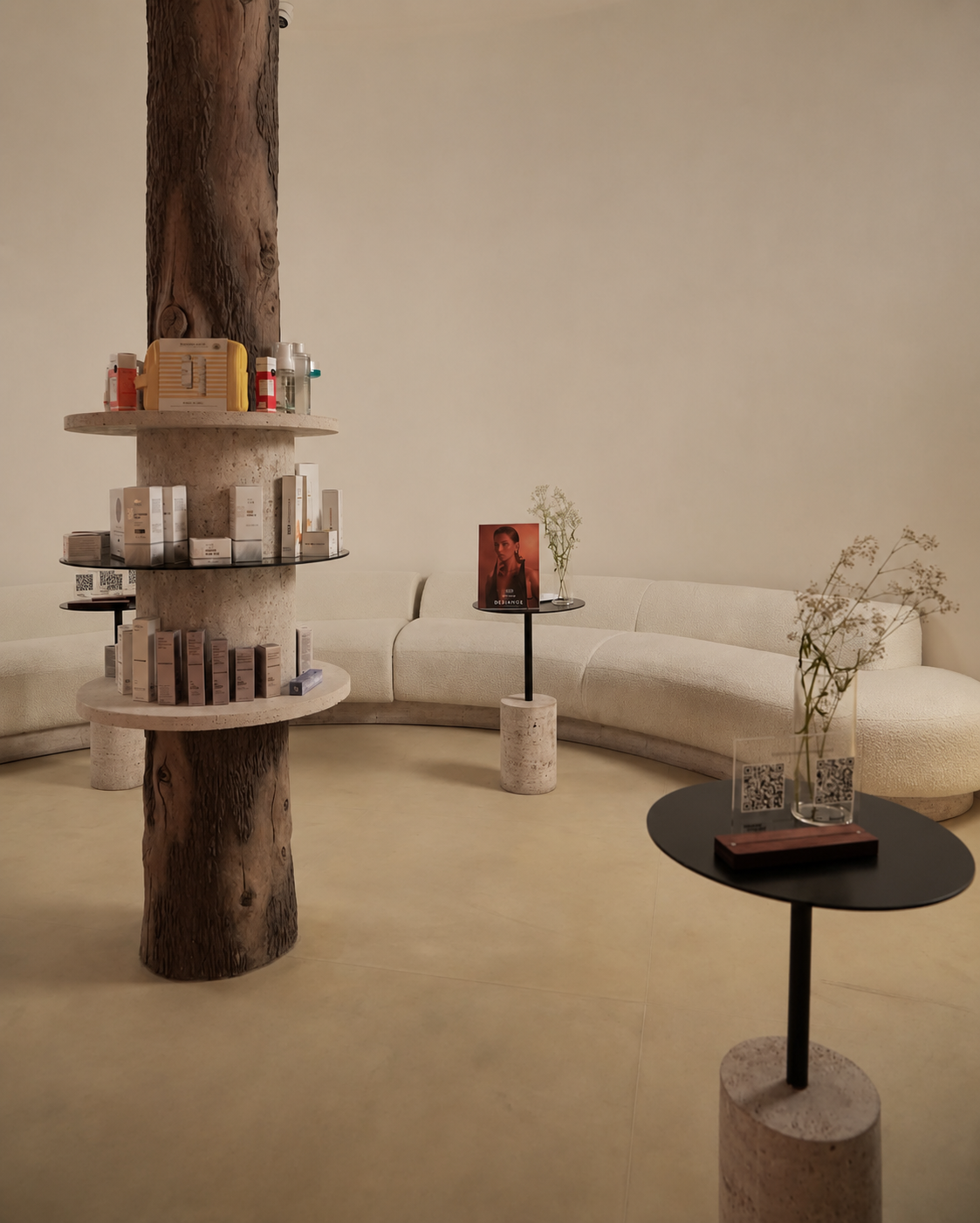Beauté Concept Sayat-Nova lounge with sculptural tree and travertine displays
